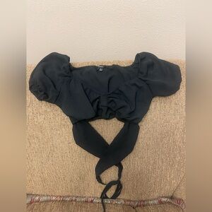 Elegant Black Puff Sleeve Crop Top w/Tie Back